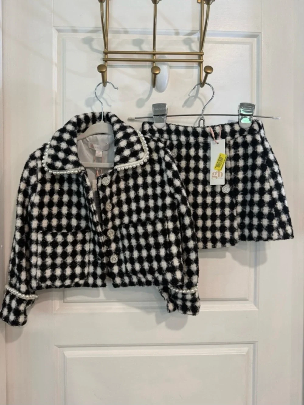 GB Girls Gianni Bini 3T Black White Checkered Tweed Pearl Jacket Skirt Set NWT